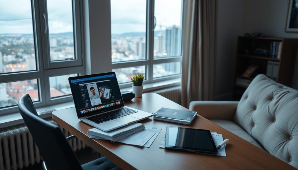 A cozy, well-lit home office setup with a laptop, desk, and comfortable chair. The room has large windows overlooking a scenic cityscape, bathing the space in natural light. On the desk, various online course materials and a tablet are neatly arranged, suggesting a focus on digital learning. The atmosphere conveys a sense of productivity, tranquility, and the convenience of remote education. The lighting is soft and warm, creating a welcoming and inviting environment for an individual to immerse themselves in online training.