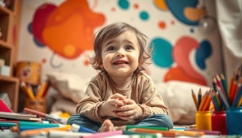 A creative child sits in a cozy, well-lit room, surrounded by an array of art supplies. Their face is alight with wonder and imagination, eyes shining with the thrill of discovery. The background features vibrant, abstract shapes and patterns, hinting at the boundless creativity within. Soft, warm lighting casts a gentle glow, creating an atmosphere of inspiration and joy. The child's posture is relaxed yet focused, their hands engaged in the act of creating. This image captures the essence of the creative child - curious, expressive, and brimming with the potential to transform the world through their unique perspective.