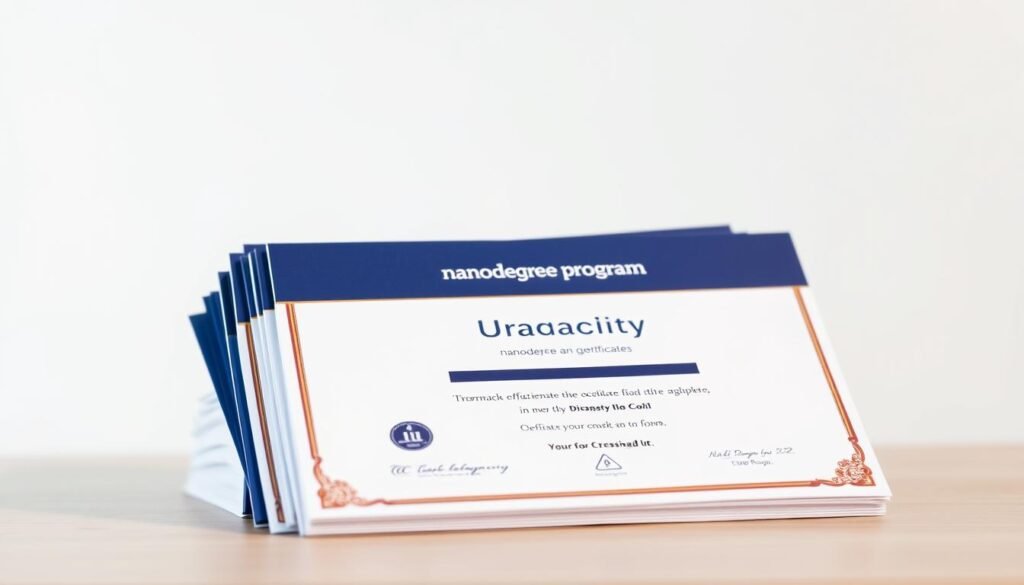 A crisp, well-lit image showcasing a stack of Udacity nanodegree program certificates. The certificates are prominently displayed in the foreground, with a clean, minimalist background. The certificates are depicted with a glossy, high-quality finish, reflecting the professional and prestigious nature of Udacity's online learning programs. The image conveys a sense of achievement, progress, and the transformative power of Udacity's tech-focused education. The overall composition is balanced, using a slightly elevated camera angle to create a sense of depth and emphasis on the certificates. The lighting is soft and diffused, creating a warm and inviting atmosphere.