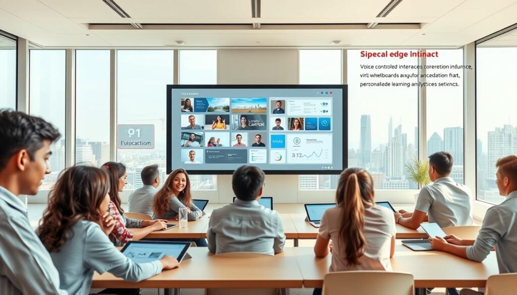 A cutting-edge educational platform with a sleek and modern design, featuring a large central display screen showcasing interactive learning content. The foreground includes a group of diverse students engaged in collaborative learning, with tablets and laptops on desks. The middle ground highlights advanced technological features such as voice-controlled interfaces, virtual whiteboards, and personalized learning analytics dashboards. The background depicts a spacious, well-lit classroom setting with large windows overlooking a scenic cityscape, creating a sense of openness and innovation. The overall atmosphere conveys a dynamic, immersive, and future-forward educational experience.