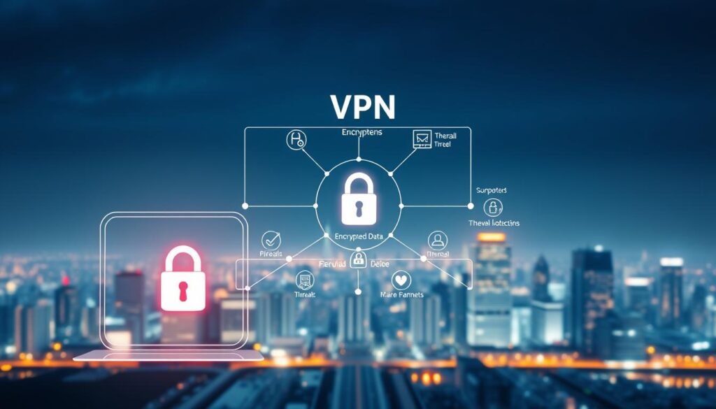 A detailed architectural illustration of a secure VPN system, showcasing its threat protection features. In the foreground, a sleek, futuristic VPN interface with prominent lock icons and security indicators. In the middle ground, a network diagram depicting encrypted data channels, firewalls, and intrusion detection systems. In the background, a cityscape bathed in a cool, serene palette, emphasizing the sense of privacy and protection afforded by the VPN. Crisp, high-resolution rendering with a cinematic depth of field, creating a visually compelling and technically accurate representation of the VPN's security capabilities.
