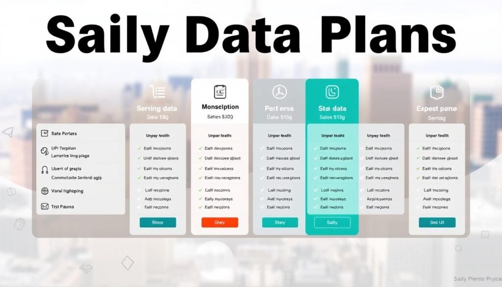 A detailed, meticulously designed infographic showcasing the data plans offered by Saily in the United States. The foreground features a clean, minimalist display of the plan options, with icons, pricing, and feature highlights presented in a sleek, organized layout. The middle ground includes subtle geometric patterns and shapes, adding visual interest without distracting from the main content. The background depicts a soft, blurred city skyline, suggesting the widespread availability and accessibility of Saily's services across the country. The overall aesthetic is modern, professional, and visually engaging, perfectly suited to illustrate the "Saily Data Plans" section of the article.