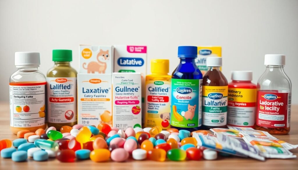 A detailed still life arrangement showcasing an assortment of children's laxative products. The foreground features various colorful tablets, gummies, and syrups, each neatly labeled with their active ingredients and dosage information. In the middle ground, a selection of child-friendly packaging designs, from playful animal motifs to bright, simplified graphics. The background fades into a softly lit, neutral setting, allowing the laxative products to take center stage. Crisp, high-resolution photography with balanced lighting and a shallow depth of field to emphasize the textural details of the items. The overall mood is educational yet approachable, conveying a sense of safety and efficacy for pediatric constipation relief.