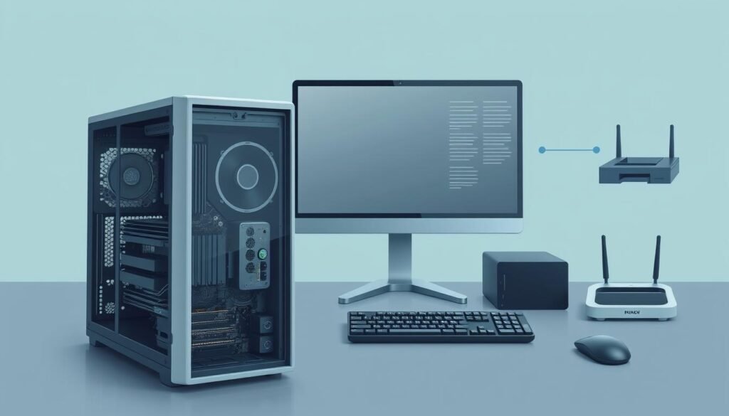 A detailed technical diagram showcasing the core components of a modern computer system. The image should prominently feature a sleek, minimalist desktop computer tower in the foreground, with its main internal parts such as the motherboard, CPU, RAM, and storage drives clearly visible. In the middle ground, display a high-resolution monitor, keyboard, and mouse, all in a coordinated color scheme. In the background, subtly incorporate other peripherals like a printer, speakers, and network router to complete the comprehensive computer setup. Utilize a muted, cool color palette with gentle shadows and highlights to convey a sense of simplicity and functionality. The overall composition should be clean, balanced, and educational, suitable for explaining the fundamental hardware components to a young audience.