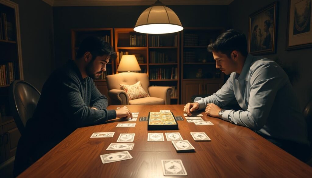 A dimly lit, cozy game room with a wooden table at the center. On the table, a strategic card game with elegantly designed playing cards, placed neatly in rows. The cards feature intricate patterns and symbols, hinting at the depth of gameplay. Two players, one in a casual sweater and the other in a button-down shirt, lean over the table, deep in concentration, their faces illuminated by the warm glow of a table lamp. The room is adorned with bookshelves, framed artwork, and a comfortable armchair, creating an atmosphere of intellectual engagement and friendly competition.