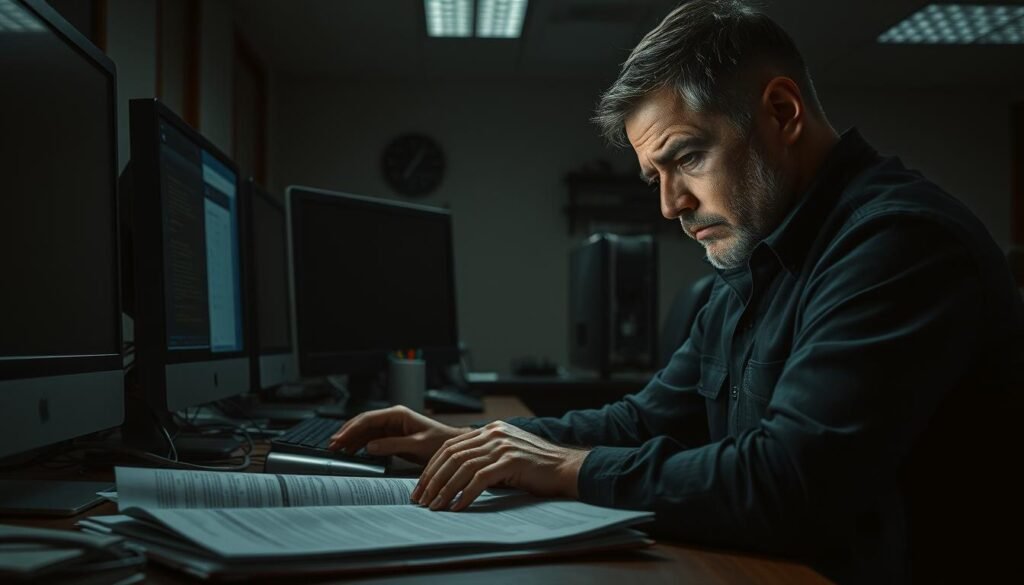 A dimly lit office interior, the glow of computer screens casting shadows across the space. A technician, brow furrowed in concentration, troubleshoots a tangled web of cables and hardware. On the desk, a tattered instruction manual lies open, papers scattered haphazardly. The atmosphere is one of frustration and technical complexity, evoking the challenges of navigating technology issues. The lighting is moody, with harsh shadows and muted tones, creating a sense of tension and unease. The overall composition emphasizes the technician's isolation and the overwhelming nature of the technical problem at hand.
