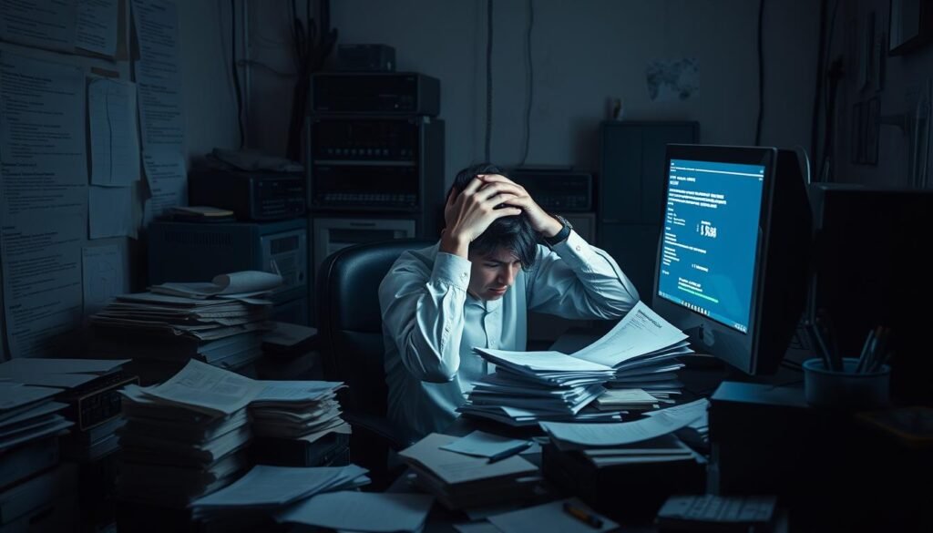 A dimly lit office space, with a cluttered desk and an overflowing in-tray. The computer screen flickers, displaying error messages and glitches. A frazzled-looking employee sits hunched over, hands on their head, surrounded by a stack of invoices and scattered papers. The walls are lined with outdated, malfunctioning equipment, casting ominous shadows. The atmosphere is one of frustration and uncertainty, reflecting the "vendor reliability issues" that plague the organization.