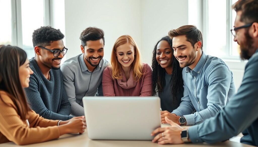 A diverse group of users gathered around a laptop, engaged in lively discussion about their experiences with AmazingTalker. The scene is well-lit, with natural light filtering through windows, casting a warm glow on the faces of the participants. The group's expressions range from enthusiastic to pensive, reflecting the range of perspectives shared. In the background, a clean, minimalist office space sets the stage, hinting at the professional nature of the online learning platform. The composition draws the viewer's attention to the central focus of the image - the users' testimonials about AmazingTalker.