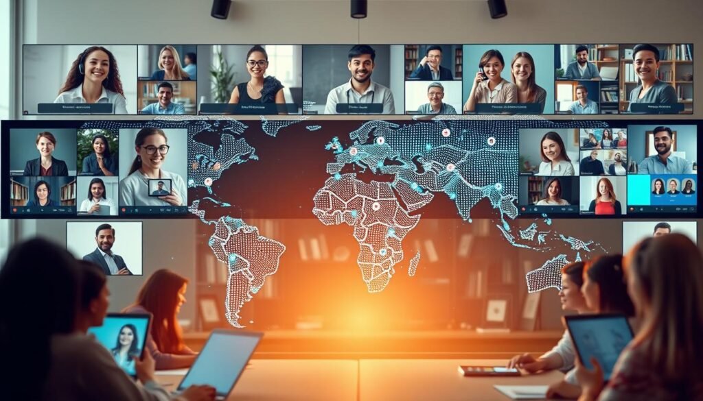 A diverse network of tutors from around the world, connected through a sleek digital interface. In the foreground, a group of professionals - from various backgrounds and expertise - engage in dynamic video calls, sharing knowledge and guiding students. The middle ground showcases a vibrant world map, pulsing with international connectivity, as tutors' locations are highlighted. In the background, a subtle glow emanates, conveying the sense of a global, enlightened community. The scene is illuminated by warm, natural lighting, creating a welcoming and approachable atmosphere. This image encapsulates the seamless, worldwide tutoring experience offered by the platform.