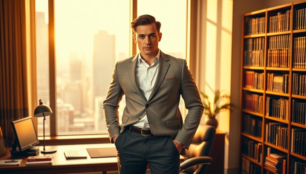 A dynamic and authoritative figure stands tall, their gaze unwavering, oozing confidence and poise. Surrounding them, symbols of leadership - a sturdy, well-crafted desk, a large window overlooking a bustling cityscape, and a bookshelf filled with volumes on strategy and management. Warm, directional lighting casts a golden glow, highlighting the individual's strong features and commanding presence. The atmosphere exudes a sense of purpose, ambition, and a keen intellect ready to guide and inspire. This is the essence of the young, visionary leader - a captivating, multifaceted portrait of the core traits that define their exceptional qualities.