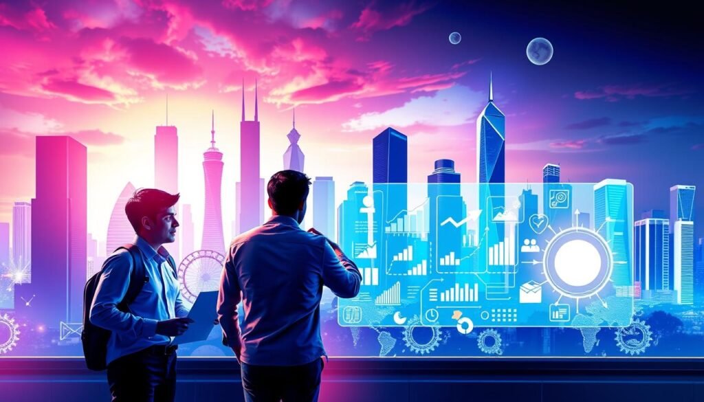 A dynamic business strategy scene, captured in a vibrant, digital art style. In the foreground, a group of entrepreneurs collaborate, brainstorming ideas on a sleek, futuristic interface. The middle ground features a diverse range of business icons and infographic elements, representing various growth tactics. In the background, a stylized cityscape with towering skyscrapers and a vivid, neon-tinged skyline sets the stage for this innovative, technology-driven vision. Subtle lighting highlights the collaborative energy, while a cool, futuristic color palette conveys a sense of forward-thinking progress. This image aims to inspire and guide the viewer towards effective business development strategies.
