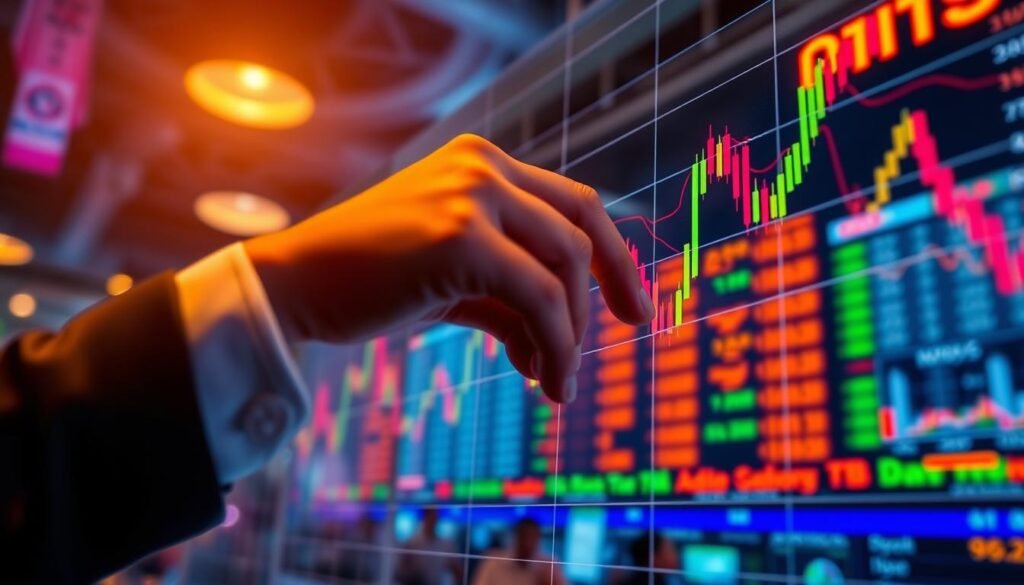 A dynamic stock chart against a backdrop of a bustling Nifty exchange floor. In the foreground, a trader's hand hovering over a touchscreen, poised to make a strategic entry or exit move. Vibrant colors and precise lines convey the sense of urgency and precision required for nailing the timing. Warm lighting from above casts an air of focus and determination, while the blurred activity of the trading floor in the middle ground suggests the broader market context. The overall atmosphere evokes the thrill and challenge of navigating the Nifty's ebbs and flows to capitalize on fleeting opportunities.