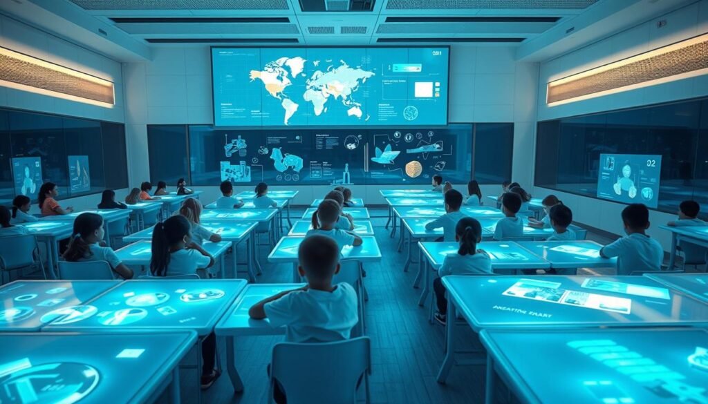 A futuristic classroom filled with a diverse group of children, each immersed in interactive digital displays and holographic learning environments. Sleek, floating desks and chairs create a seamless, technology-driven space. Soft, ambient lighting and muted color tones evoke a sense of calm focus. In the background, a large transparent screen displays dynamic visualizations and educational content, guiding the children's exploration of new concepts. The scene conveys a harmonious integration of cutting-edge technology and personalized, engaging learning, shaping the future of education for the next generation.