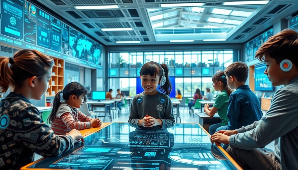 A futuristic classroom setting with advanced AI-powered educational technologies. The scene depicts children of diverse backgrounds engaged in collaborative, personalized learning experiences. The foreground showcases interactive holographic displays, intelligent tutoring systems, and adaptive learning algorithms tailored to each student's needs. The middle ground features a dynamic, reconfigurable learning space with modular furniture and integrated digital tools. The background reveals a panoramic view of a smart, sustainable school building with natural lighting, eco-friendly design, and seamless connectivity. The overall atmosphere conveys a sense of innovation, exploration, and boundless educational possibilities.