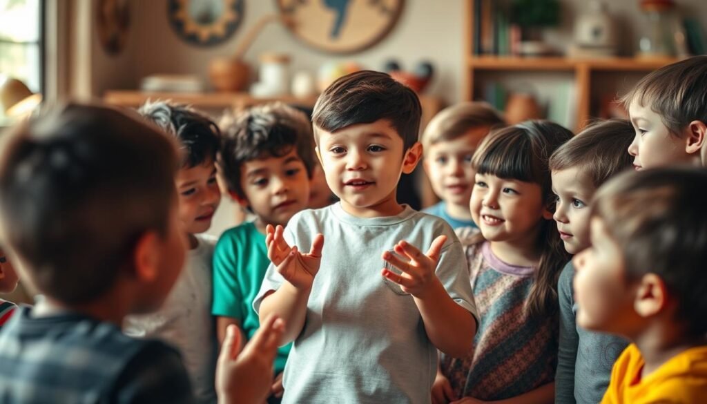 A group of children engaged in a lively discussion, their faces alight with curiosity and enthusiasm. The middle ground features a young boy standing confidently, gesturing with his hands as he shares his ideas. The background is a warm, inviting setting, perhaps a classroom or a cozy living room, with natural lighting filtering in, casting a soft glow on the scene. The overall atmosphere conveys a sense of discovery, where the children's innate leadership qualities are being nurtured and encouraged.