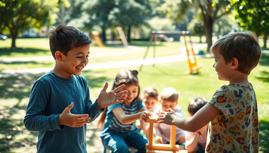 A group of children playing together in a vibrant, sun-dappled park. In the foreground, two young friends are engaged in an animated discussion, using expressive hand gestures and warm smiles to communicate. In the middle ground, a small cluster of children collaborate on a building project, their faces alight with concentration and cooperation. In the background, a swing set and slide invite further social interaction and exploration. The scene radiates a sense of camaraderie, empathy, and the joyful development of crucial social and communication skills.
