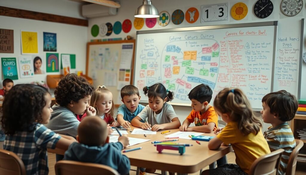 A group of children working collaboratively on a creative problem-solving task. The foreground shows a diverse group of children sitting around a table, deep in thought, sketching ideas and brainstorming solutions. The middle ground depicts a large whiteboard covered in colorful diagrams, notes, and mind maps. The background features a cozy, well-lit classroom setting with inspirational posters and learning materials. The overall mood is one of focus, curiosity, and a sense of discovery as the children navigate the challenges before them through innovative, out-of-the-box thinking.