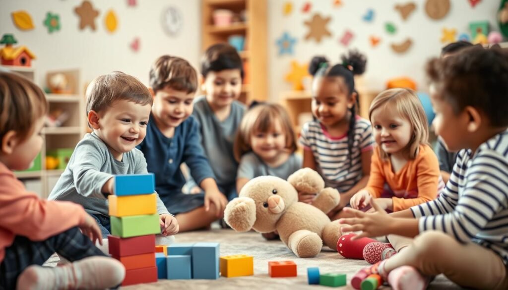 A group of diverse children engaged in cooperative play, encouraging social skills and emotional development. In the foreground, two children work together to build a colorful block tower, their faces alight with concentration and joy. In the middle ground, a circle of children sit on the floor, taking turns passing a soft plush toy and sharing stories. The background features a cozy, warm-toned playroom setting with educational toys and wall decals, creating an inviting and nurturing atmosphere. Soft, diffused lighting and a shallow depth of field emphasize the intimate, collaborative nature of the scene.