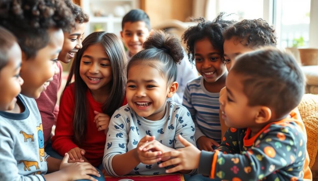 A group of diverse children engaged in various social activities, such as playing together, communicating, and collaborating. The scene depicts a warm, friendly atmosphere with natural lighting, capturing the joy and vibrance of their interactions. The children's expressions showcase their social skills, empathy, and teamwork as they navigate their social world. The background features a cozy, welcoming indoor or outdoor setting that enhances the sense of community and interpersonal connection.
