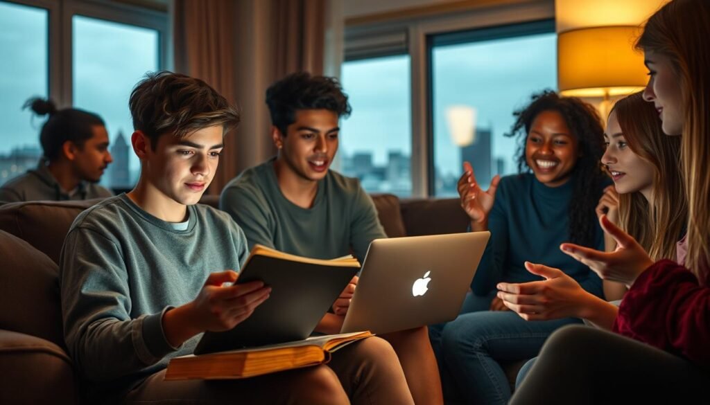 A group of diverse teenagers sit in a cozy living room, their faces illuminated by the warm glow of a laptop screen. One teen, pondering a social media post, holds a well-worn Bible in their lap, their expression conflicted. Across from them, another teen animatedly gestures, caught in a lively discussion about reconciling their faith and the pressures of online life. In the background, a window reveals a cityscape, a reminder of the modern world they navigate. The scene is captured with a soft, cinematic lighting, conveying the introspective mood as these young people grapple with the challenges of maintaining their spiritual identity in a digital age.