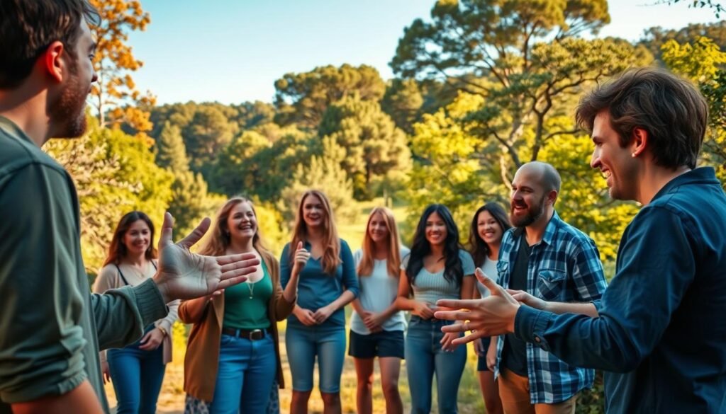 A group of friends gathered outdoors, engaged in a playful game of charades. In the foreground, two people act out a scene, their gestures and expressions animated and full of energy. In the middle ground, the rest of the team watches intently, eagerly waiting their turn to participate. The background features a lush, verdant landscape, with towering trees and a clear, blue sky, creating a serene and inviting atmosphere. The scene is bathed in warm, golden sunlight, casting a gentle glow on the participants. The image conveys a sense of camaraderie, creativity, and the joy of shared experiences.