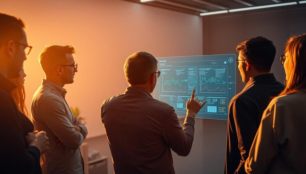 A group of people gathered around a futuristic display, intently examining data visualizations on a sleek, holographic interface. The scene is bathed in a warm, ambient glow, creating an atmosphere of thoughtful contemplation. In the foreground, a user gestures animatedly, discussing their insights from the NeuroVizr software, which is depicted in the middle ground as a dynamic, interactive dashboard. The background features a minimalist, high-tech setting, suggesting a research lab or innovation hub. The overall composition conveys a sense of collaboration, discovery, and the transformative potential of brain-computer interface technology.