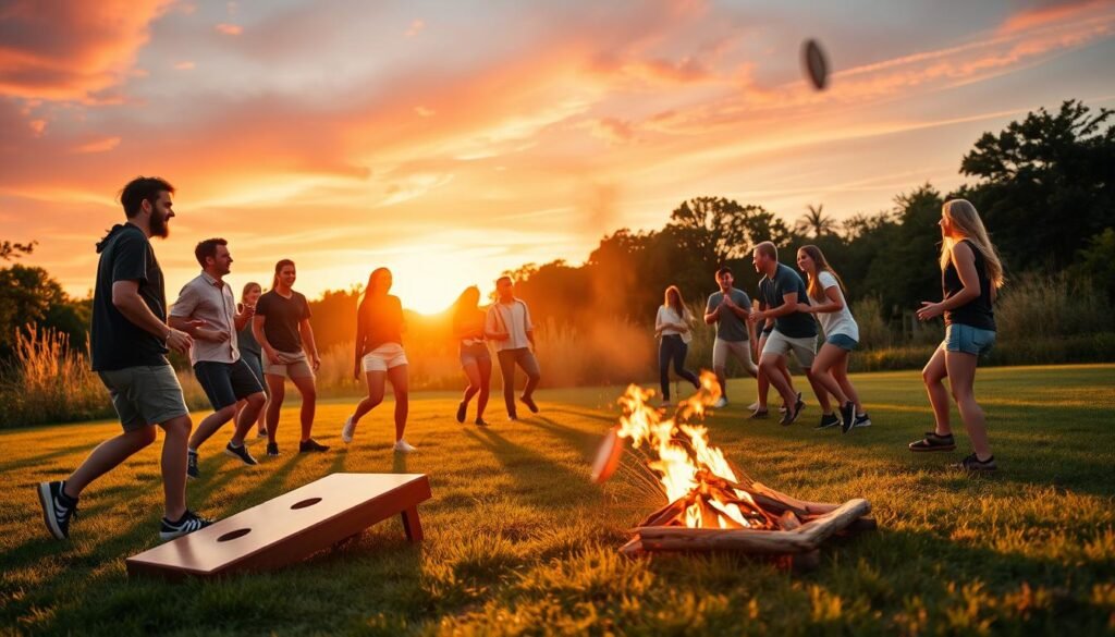 A group of young adults engaged in lively outdoor activities under the warm glow of a setting sun. In the foreground, players enthusiastically compete in a game of cornhole, their laughter and cheers filling the air. In the middle ground, others toss a Frisbee, its arc silhouetted against the vibrant oranges and pinks of the evening sky. In the background, a small campfire crackles, casting a cozy ambiance over the scene. The lighting is soft and natural, with long shadows stretching across the grass. The overall mood is one of camaraderie, energy, and the simple pleasures of summer evenings spent outdoors with friends.