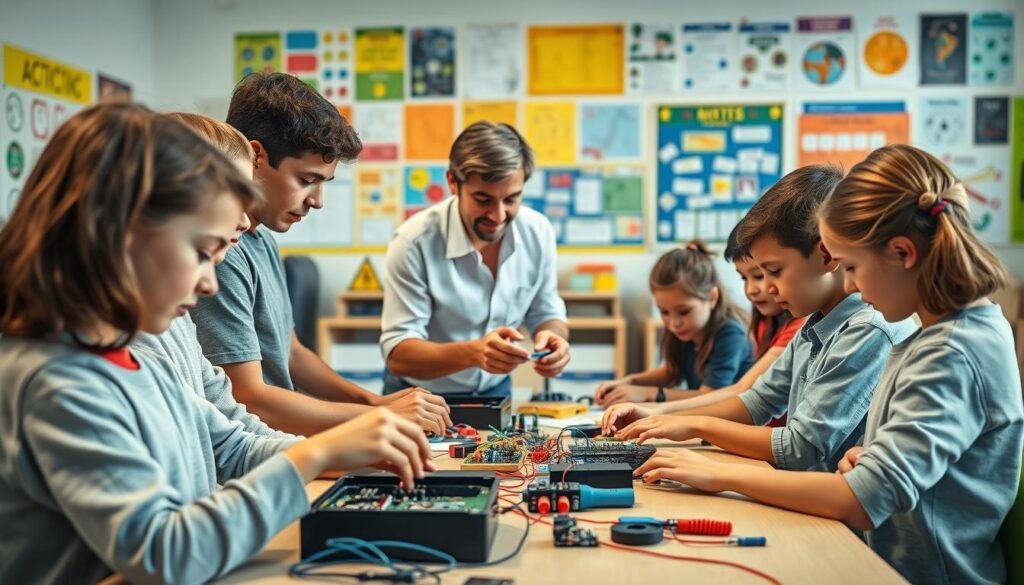 A hands-on learning experience, captured in a bright, inviting classroom setting. The foreground features a group of engaged students, their faces alight with curiosity as they tinker with various electronic components and tools on a well-equipped workbench. The middle ground showcases a dynamic instructor, guiding the students with a gentle, supportive demeanor, their body language conveying a sense of collaboration and exploration. The background is filled with a vibrant, colorful array of educational posters, charts, and displays, creating a visually stimulating and enriching environment. Soft, diffused lighting casts a warm, welcoming glow, while the overall composition emphasizes the dynamic, interactive nature of the learning experience.