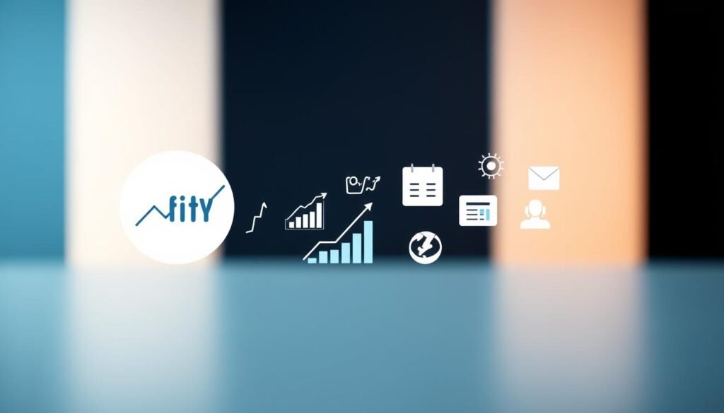 A high-quality, aesthetically pleasing image of the Nifty index and project management tools, with a clean, modern design. The foreground should feature the Nifty logo and a simple, minimalist visualization of the index, such as a line graph or bar chart. The middle ground should showcase a selection of essential project management icons or illustrations, such as a Gantt chart, calendar, and task manager. The background should have a subtle, soft-focus gradient in complementary colors, conveying a sense of professionalism and efficiency. The lighting should be soft and evenly distributed, with a slight directional focus to create depth and dimensionality. The overall composition should be balanced and harmonious, reflecting the subject matter of Nifty as a comprehensive solution for project management.