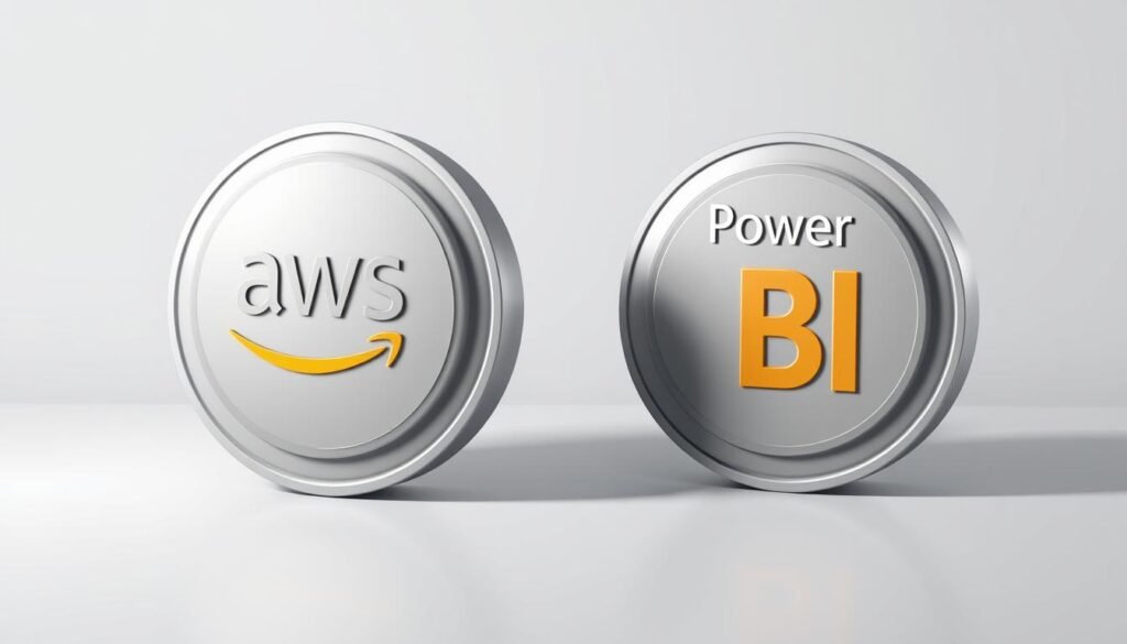 A high-quality digital illustration showcasing two prominent cloud computing and business intelligence certifications: AWS (Amazon Web Services) and Power BI (Microsoft Power Business Intelligence). The image should have a professional, corporate aesthetic with a clean, modern design. Set against a neutral background, the certifications are depicted as three-dimensional objects with realistic textures and reflections, casting subtle shadows to enhance the depth and dimensionality. Soft, directional lighting illuminates the certifications, creating a sense of depth and emphasizing their visual appeal. The overall composition should be balanced and visually striking, highlighting the importance and prestige of these industry-recognized credentials.