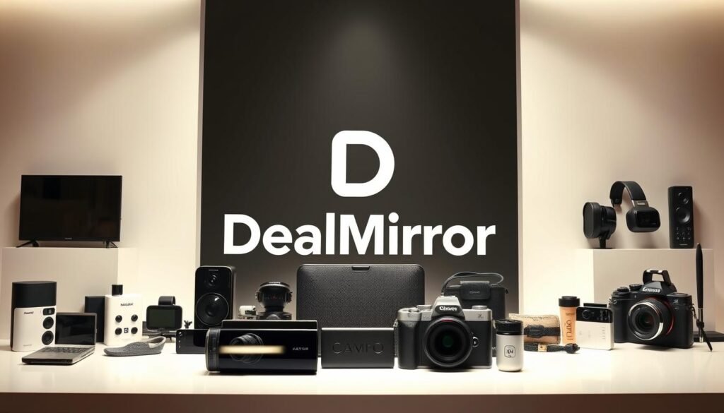 A high-quality, glossy image showcasing the exclusive DealMirror offers. In the foreground, an array of various consumer electronics, gadgets, and lifestyle products are displayed against a sleek, modern backdrop. The middle ground features a prominent DealMirror logo, rendered in a bold, eye-catching typeface, conveying a sense of exclusivity and premium quality. The background depicts a minimalist, well-lit setting, with clean lines and neutral tones, creating a visually striking and elegant composition. The overall mood is one of sophistication, highlighting the curated and exceptional nature of the DealMirror deals. The image should be captured with a professional-grade camera, utilizing natural lighting and a shallow depth of field to draw the viewer's attention to the featured products.