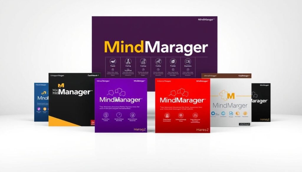 A high-quality image depicting the various versions of the MindManager software, showcased against a clean, professional background. The foreground features the distinct MindManager logos and product names, arranged in a visually appealing layout. The middle ground showcases the different features and functionalities of each version, with subtle icons or illustrations to highlight their unique capabilities. The background maintains a minimalist, neutral tone, allowing the software versions to take center stage. The overall composition conveys a sense of organization, productivity, and the versatility of the MindManager suite, catering to a wide range of user needs and preferences.