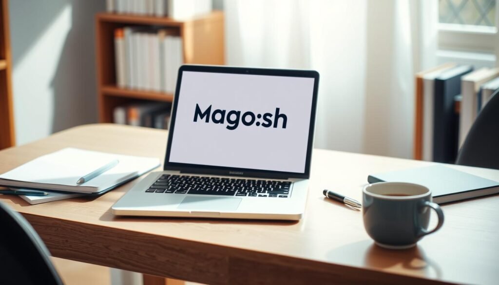 A high-quality image of a study setup featuring the Magoosh logo and branding. The scene is well-lit with soft, directional lighting from the side, creating depth and dimension. The desk is clean and organized, with a laptop, some notebooks, and a cup of coffee or tea. The Magoosh logo is prominently displayed on the laptop screen, creating a focal point. The background is slightly blurred, with hints of a bookshelf or other academic props, establishing an educational and professional atmosphere. The overall mood is focused, productive, and aspirational, reflecting the "Magoosh - تحضير احترافي للاختبارات الأمريكية والجامعية" theme.