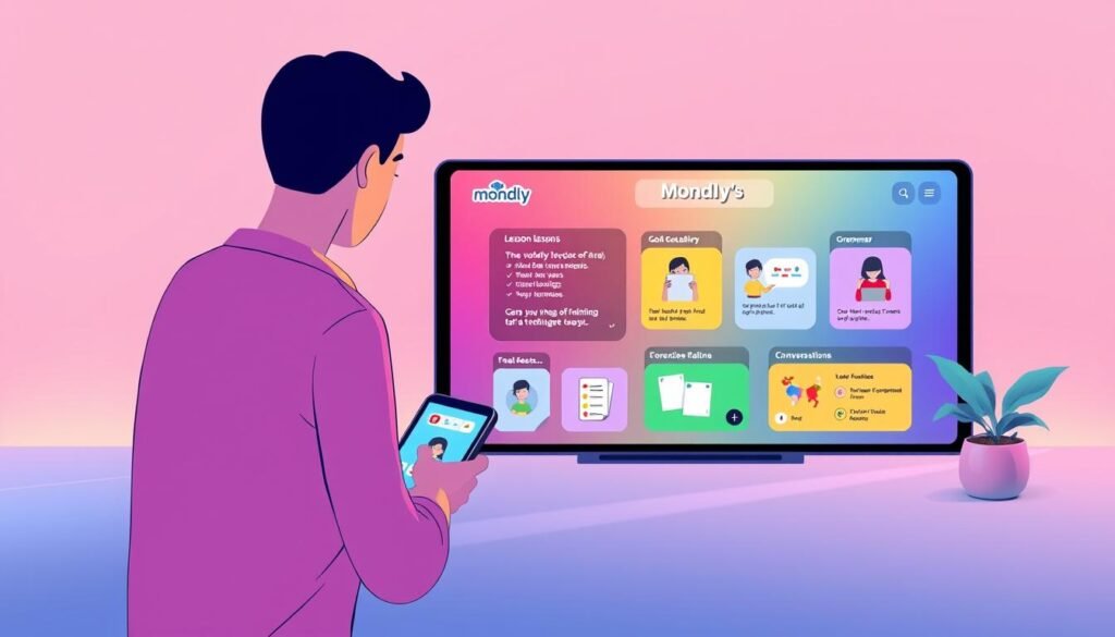 A high-quality, professionally-designed illustration of Mondly's interactive lessons. The scene depicts a large, colorful touchscreen display showcasing a vibrant, interactive language learning interface. The foreground features a stylized graphic of a person using the Mondly app, immersed in the lesson. The middle ground showcases various lesson components like vocabulary, grammar, and conversational exercises presented in an engaging, user-friendly manner. The background has a minimalist, gradient-based design that creates a sense of depth and draws the viewer's attention to the central learning experience. The overall mood is one of modern, digital education - informative, intuitive, and visually appealing.