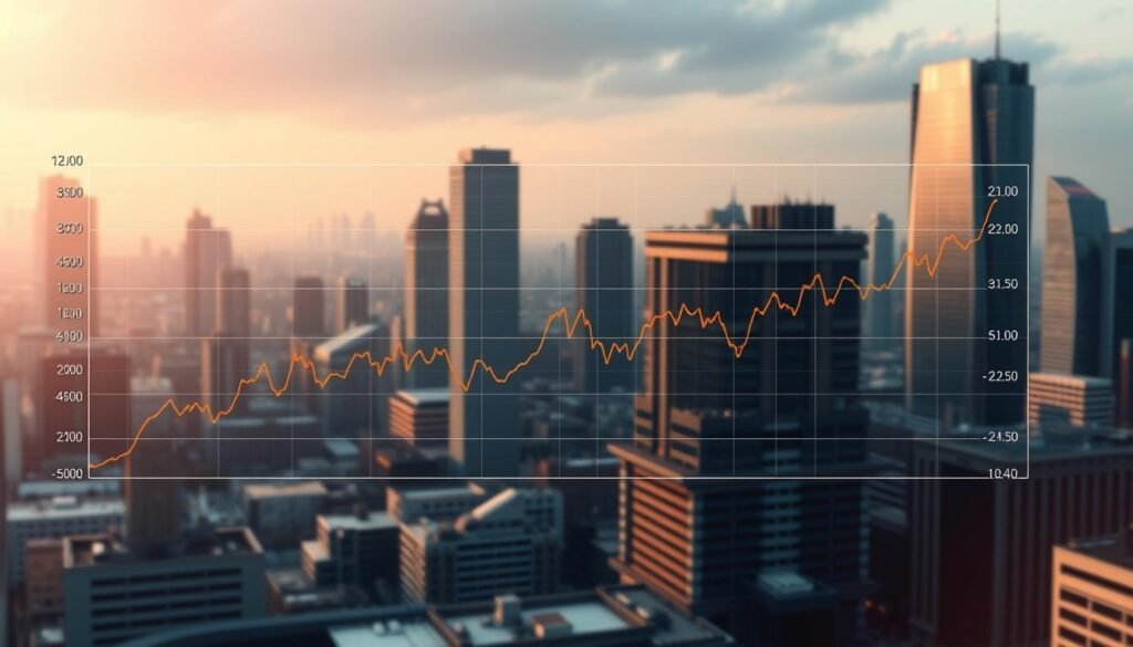A high-resolution, photo-realistic digital illustration depicting the impact of oil prices on the Nifty 50 index. The scene shows a graph or chart with the Nifty 50 performance over time, overlaid with a line graph representing the fluctuations in global oil prices. The chart is set against a backdrop of a cityscape or financial district, with skyscrapers and stock exchange buildings in the distance. The lighting is soft and warm, creating a contemplative and analytical atmosphere. The overall composition emphasizes the interconnectedness between the energy and financial markets, with the Nifty 50 index reacting dynamically to the changes in the oil market.