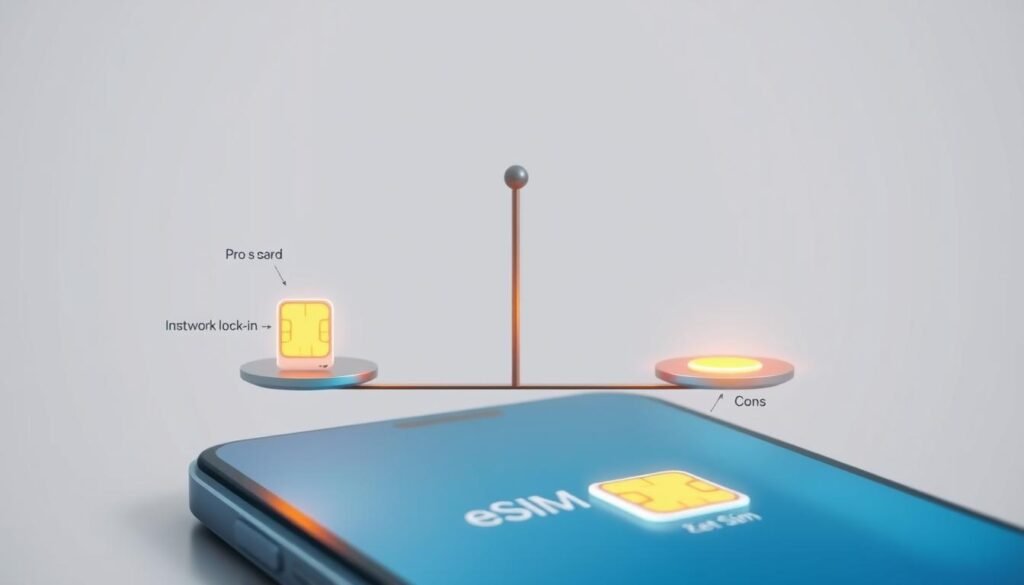 A highly detailed, realistic illustration of the advantages and disadvantages of eSIM technology, presented in a clean, minimalist style. The foreground features a closeup of a modern smartphone with a glowing eSIM icon, showcasing the convenience and connectivity of the technology. The middle ground depicts a series of balanced scales, with one side weighing the pros (e.g. no physical SIM card, instant activation) and the other side the cons (e.g. network lock-in, limited compatibility). The background is a soft, muted gradient, allowing the focal points to stand out. The overall mood is informative and analytical, with a touch of elegant simplicity to facilitate clear understanding of the subject matter.