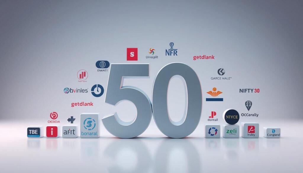 A highly detailed, realistically rendered image of the components that make up the Nifty 50 index, India's premier stock market index. The image should depict the individual company logos, stock symbols, and financial metrics that collectively form the Nifty 50 index, set against a clean, minimalist background with subtle gradient lighting to create depth and emphasis. The overall composition should convey the significance and importance of the Nifty 50 index within the Indian economy, with a crisp, professional aesthetic suitable for use in a financial publication.