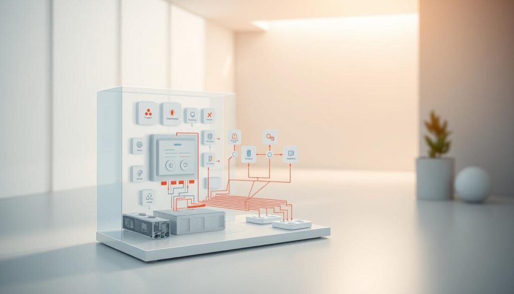 A highly detailed, technical diagram showcasing the inner workings of the SetApp platform. In the foreground, a cutaway view reveals the interlocking components and data flows that power the smart application solutions, rendered in a sleek, technical style with a focus on precision and clarity. The middle ground depicts various software modules and integrations, connected by clean, color-coded lines and arrows that illustrate the flexible, modular nature of the system. In the background, a softly-lit, minimalist environment sets the stage, lending a sense of sophistication and professionalism to the scene. Subtle use of depth of field and strategic lighting draw the viewer's eye to the key functional elements, inviting deeper exploration of the SetApp technology.