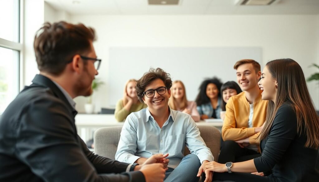 A lively online English language classroom with a group of enthusiastic students engaging in direct conversation with two native English speakers. The setting is a modern, well-lit space with comfortable seating and a clean, minimalist aesthetic. The students have attentive expressions, suggesting an immersive and interactive learning experience. The teacher and students are dressed in casual, professional attire, creating a welcoming and focused atmosphere. The composition features a clear foreground with the central figures, a middle ground with the classroom setting, and a soft, blurred background to direct the viewer's attention. The overall mood is one of productivity, engagement, and a desire to learn and improve English communication skills.