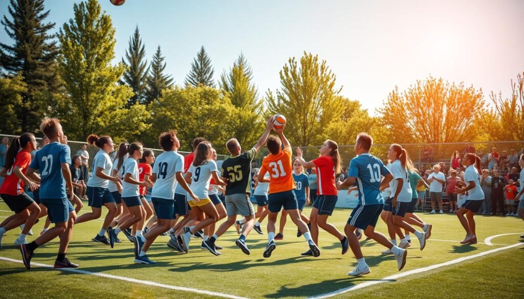 A lively scene of a large group of young athletes engaged in a high-energy team sport, such as soccer, basketball, or volleyball, on a sunlit outdoor field or court. The foreground features dynamic player movements, with bodies in motion and the ball or object of play in mid-air. The middle ground showcases the teamwork and camaraderie of the group, with players passing, shooting, and celebrating together. The background depicts a verdant, expansive setting, with tall trees, a clear blue sky, and perhaps the faint outline of a cheering crowd in the distance. The lighting is bright and natural, accentuating the vibrant colors of the players' uniforms and the energy of the scene. The camera angle captures the action from an elevated, wide perspective, conveying the scale and intensity of the group activity.