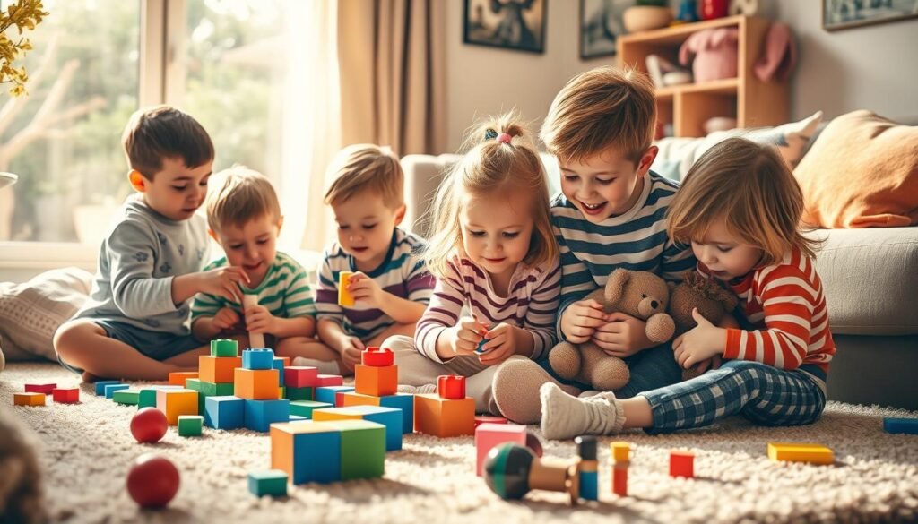 A lively scene of children engrossed in imaginative play, their faces alight with wonder. A cozy living room setting, sun-dappled and inviting, with plush carpets, vibrant toys, and cozy cushions scattered around. The children, in a range of ages, engaged in diverse activities - building with blocks, rolling marbles, cuddling stuffed animals. Warm, soft lighting casts a gentle glow, creating an atmosphere of joy and discovery. The composition highlights the children's captivated expressions, their bodies leaning in, fully immersed in their explorations. This image captures the power of play to nurture and ignite children's natural curiosities and interests.