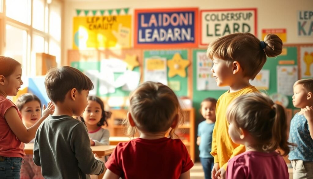 A lively scene of young children engaged in dynamic leadership activities. In the foreground, a group of children participate in a teambuilding exercise, their faces alight with enthusiasm as they collaborate to solve a problem. In the middle ground, a child stands at the front, gesturing expressively while the others listen intently, honing their communication skills. The background depicts a vibrant, colorful classroom setting, filled with educational materials and inspirational posters that foster a nurturing environment for leadership development. Warm, natural lighting bathes the scene, creating a sense of warmth and positivity. The overall atmosphere conveys the joy and energy of children learning to lead, poised to become the next generation of capable, confident individuals.