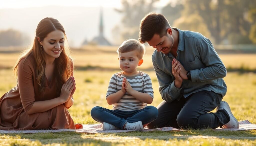 A loving mother and father kneeling in prayer, their eyes closed and hands clasped, their faces radiating a serene, contemplative expression. They are positioned in the foreground, illuminated by soft, warm lighting that casts a gentle glow on their features. In the middle ground, a child sits cross-legged, observing their parents with a look of wonder and reverence, their own hands folded in a posture of emulation. The background is a tranquil, pastoral scene, with a sun-dappled meadow and a distant horizon where a church steeple rises, symbolizing the importance of faith and spiritual guidance.