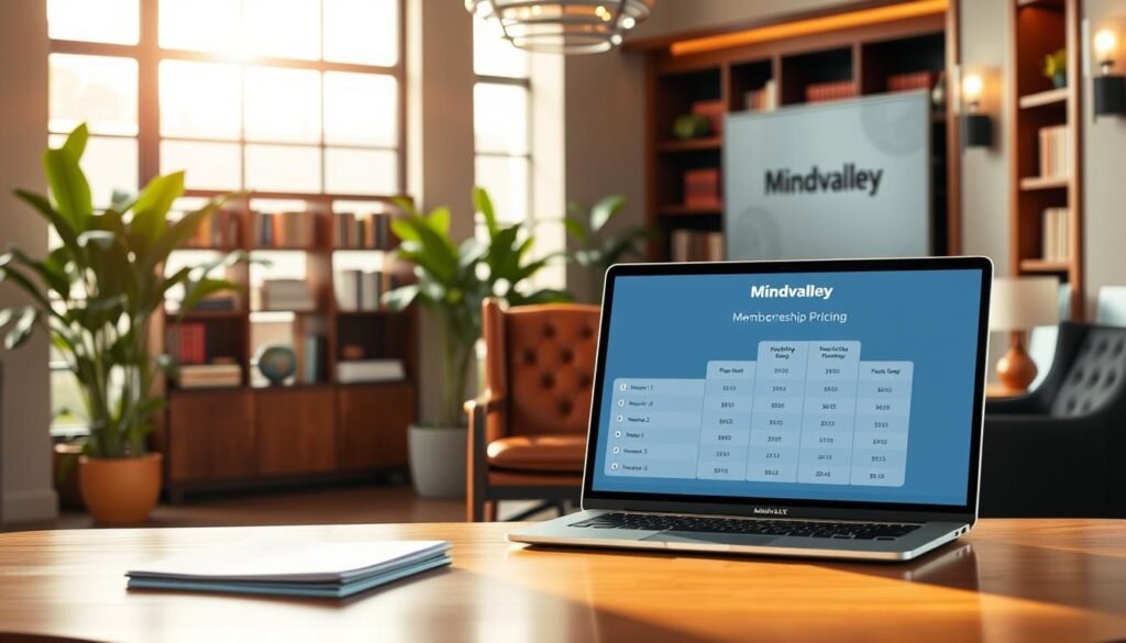 A luxurious, modern office interior, bathed in warm, natural lighting from large windows. In the foreground, a sleek, wooden desk with a laptop and a stack of documents. On the desk, a detailed breakdown of Mindvalley's membership pricing, displayed on a crisp, high-resolution screen. In the middle ground, a plush, leather chair invites the viewer to sit and explore the offerings. The background features elegant bookshelves, lush greenery, and subtle hints of the Mindvalley brand identity. The overall atmosphere is one of sophistication, professionalism, and a commitment to personal growth and development.