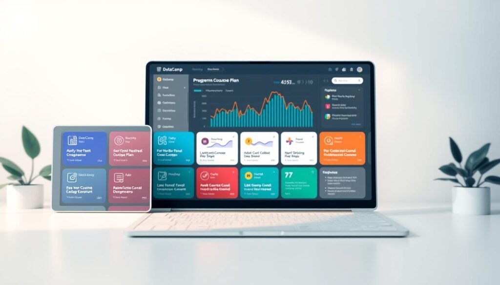 A meticulously composed illustration of "خطط تعلم البرمجة" on DataCamp. In the foreground, a clean, minimal dashboard showcases a variety of programming course plans, each represented by elegant icons and concise labels. The middle ground features a vibrant and dynamic data visualization, offering a comprehensive overview of the available options and their key features. In the background, a softly blurred world map subtly suggests the global reach and accessibility of the learning platform. The lighting is soft and diffused, creating a sense of warmth and professionalism. The overall composition is balanced, with a clean and modern aesthetic that seamlessly aligns with the brand identity of DataCamp.