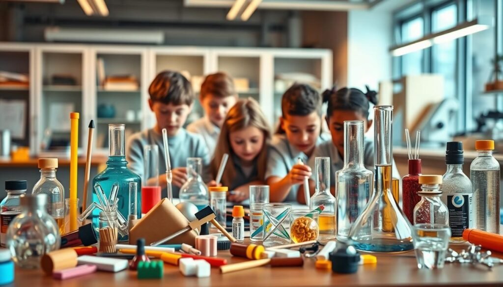 A meticulously crafted, highly detailed illustration depicting the pros and cons of science kits. In the foreground, a collection of various science experiment tools and components artfully arranged, showcasing the hands-on, engaging nature of these kits. In the middle ground, a group of diverse students intently focused on their experiments, their expressions conveying a sense of wonder and discovery. In the background, a softly blurred, yet visually striking, setting of a modern, well-equipped STEM laboratory, hinting at the educational and scientific principles underlying the kits. The lighting is warm and natural, casting subtle shadows and highlights that accentuate the textures and materials. The overall mood is one of excitement, learning, and the joy of scientific exploration.