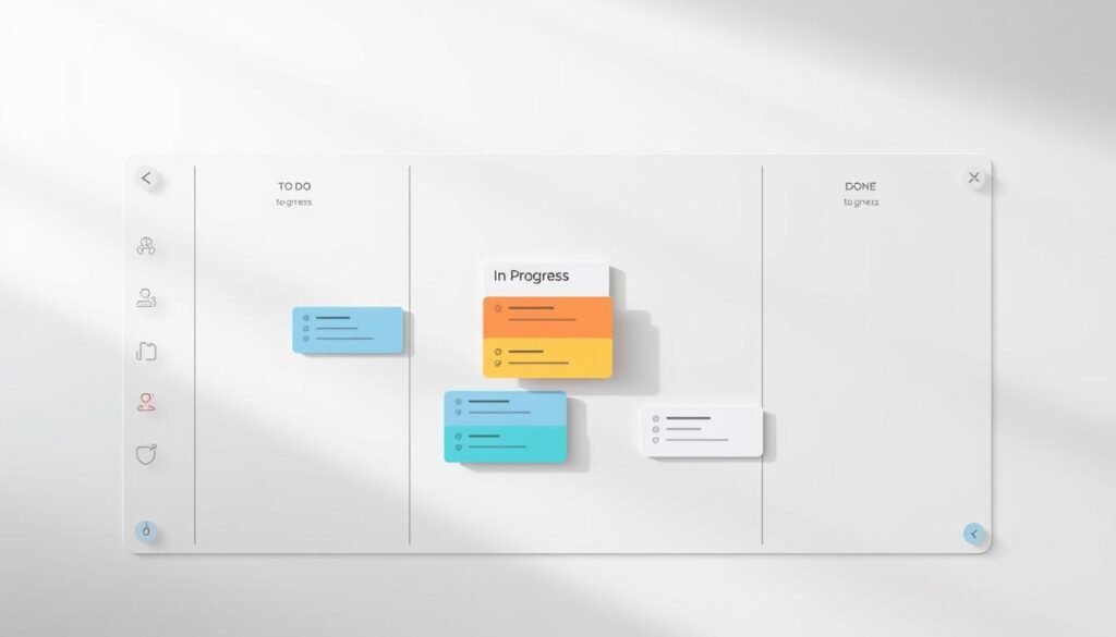 A meticulously designed Kanban board in a minimalist, modern style. The board is set against a softly blurred background, creating a sense of depth and focus. The task cards are rendered with clean lines and subtle gradients, each color-coded to indicate their status. A central column showcases the "In Progress" tasks, with the "To Do" and "Done" columns flanking it. The layout is intuitive and visually appealing, reflecting the user-friendly nature of the Todoist interface. The lighting is gentle, creating soft shadows and highlights that emphasize the simplicity and elegance of the design. The overall mood is one of productivity, organization, and a streamlined workflow.