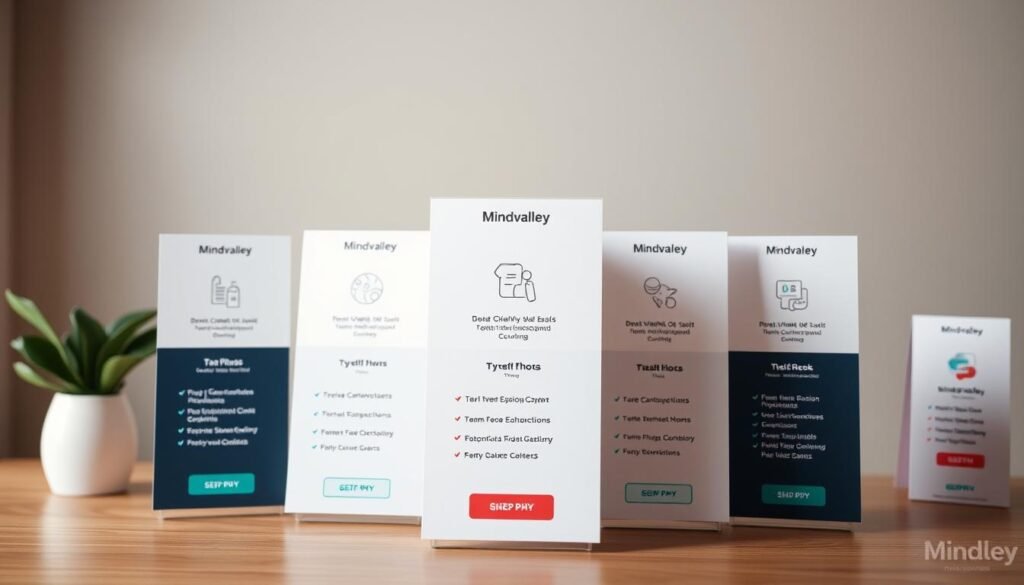 A meticulously designed arrangement of Mindvalley subscription plans, captured with a crisp, high-resolution lens. The foreground features a clean, minimalist display of the different plan options, with clear pricing details and visual cues to highlight key features. The middle ground showcases elegant icons or graphics that represent the benefits and perks of each plan. The background maintains a subtle, yet sophisticated ambiance, with soft lighting and a muted color palette that complements the overall branding and aesthetic of Mindvalley. The entire composition conveys a sense of professionalism, transparency, and the value proposition of Mindvalley's personal growth and development programs.