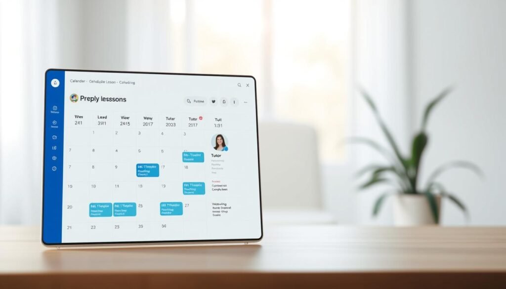 A modern, clean interface with a calendar view for scheduling Preply lessons. The foreground features a sleek calendar grid with lesson slots, while the middle ground showcases student profiles and tutor information. The background subtly blurs, emphasizing the focal point - the lesson scheduling interface. Soft, natural lighting illuminates the scene, creating a welcoming and intuitive atmosphere. The overall design is minimalist, with a focus on user-friendliness and seamless lesson booking experience.