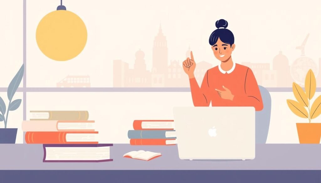 A modern, minimalist illustration depicting affordable language lessons. A warm, inviting atmosphere with a serene, pastel color palette. In the foreground, a student and teacher engaged in an online lesson, their expressions conveying a sense of connection and learning. The middle ground features a stack of textbooks, language learning materials, and a laptop, symbolizing the accessible, tech-enabled nature of the lessons. The background shows a cityscape with stylized architecture, hinting at the global reach and diversity of the language services. The overall composition is balanced, with a clean, uncluttered layout that emphasizes the affordability and personalized nature of the language instruction.